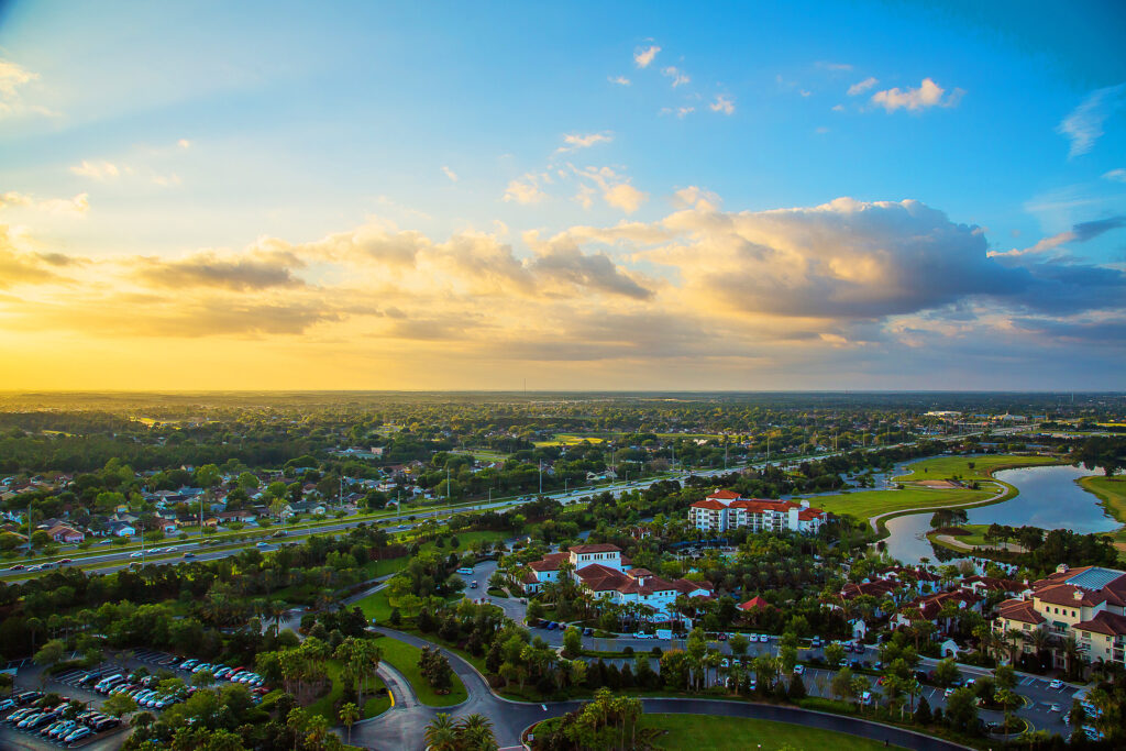 Beautiful aerial sunset view of the orlando city in florida