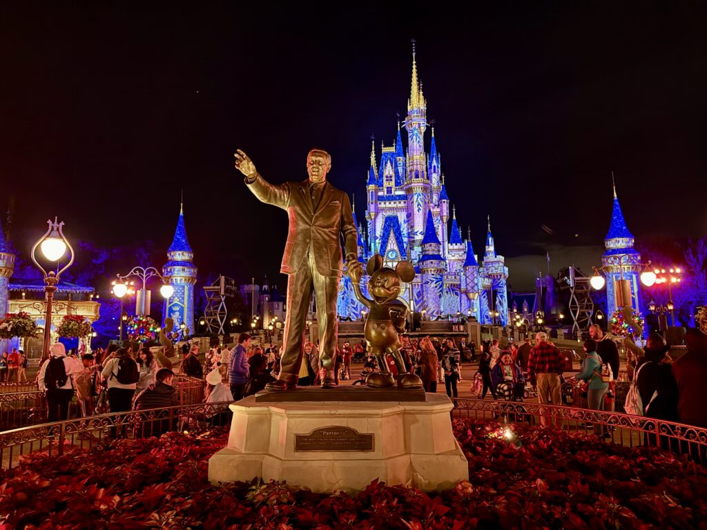 Walt and mickey statue night