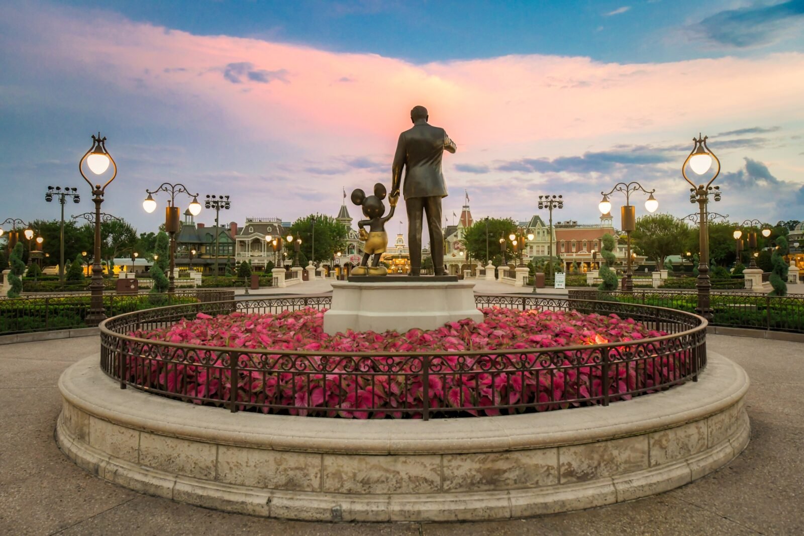 Walt Disney And Mickey Mouse Statue at an empty Magic Kingdom
