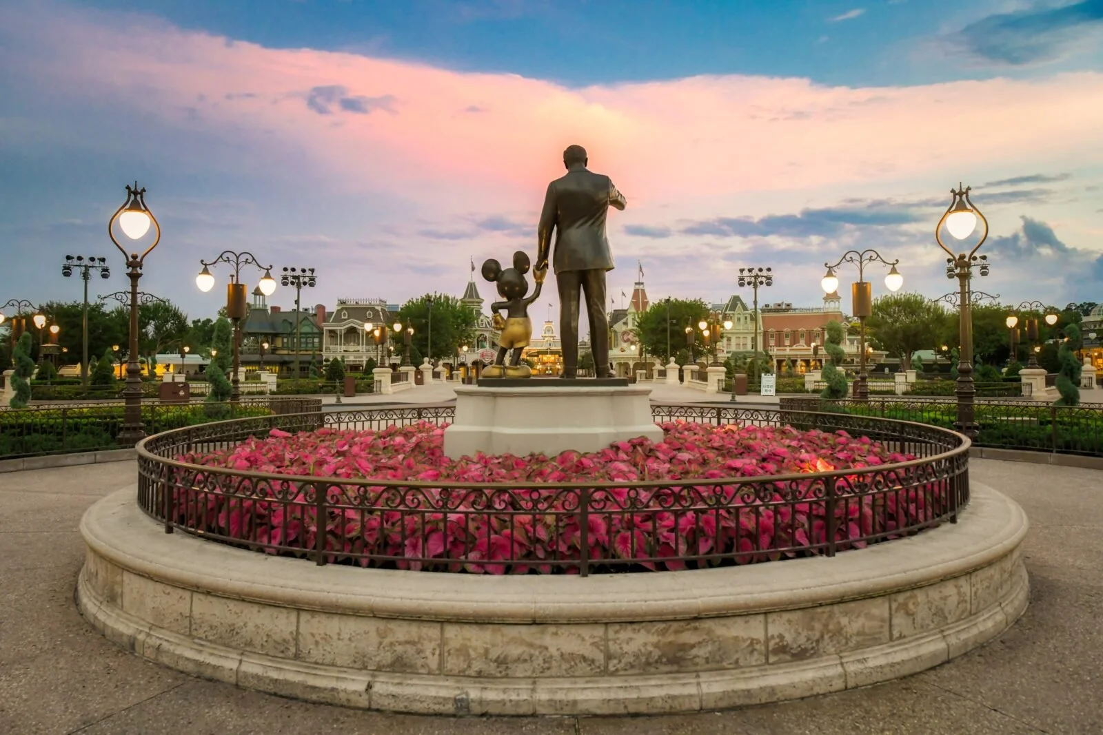 Walt Disney And Mickey Mouse Statue at an empty Magic Kingdom